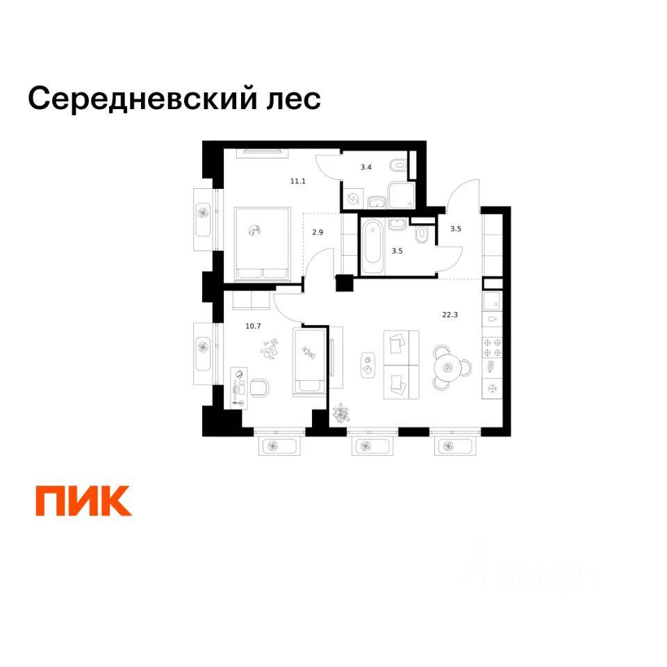 2-комн. квартира, 57,4 м², в ЖК Середневский лес
