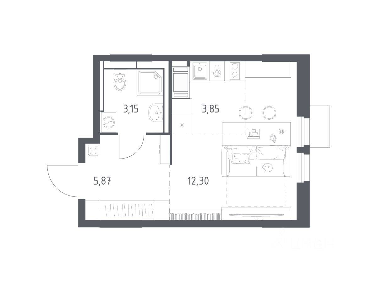 Планировка 1 комнатной квартиры, 25.17 м², в «Большое Путилково»