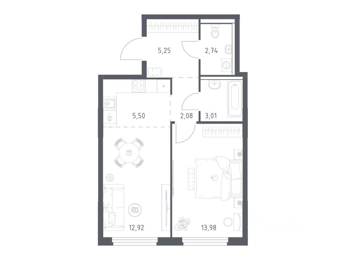 1-комн. квартира, 45,48 м², в ЖК «Пригород Лесное»