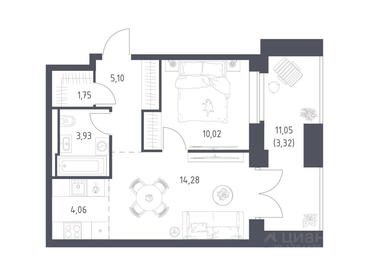 1-комн. квартира, 42,46 м², в Апарт-комплекс Верейская 41