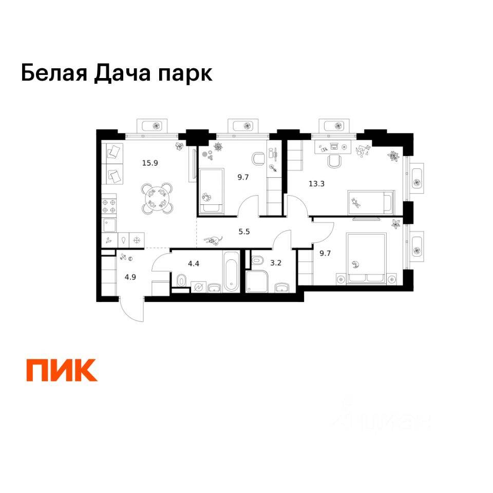 3-комн. квартира, 66,6 м², в ЖК «Белая Дача парк»