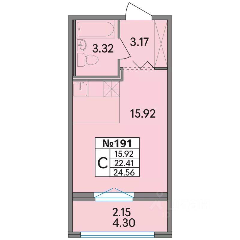 Планировка 1 комнатной квартиры, 24.56 м², в «Рождественский квартал»
