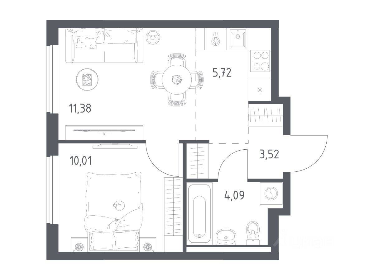 1-комн. квартира, 34,72 м², в ЖК Горки Парк