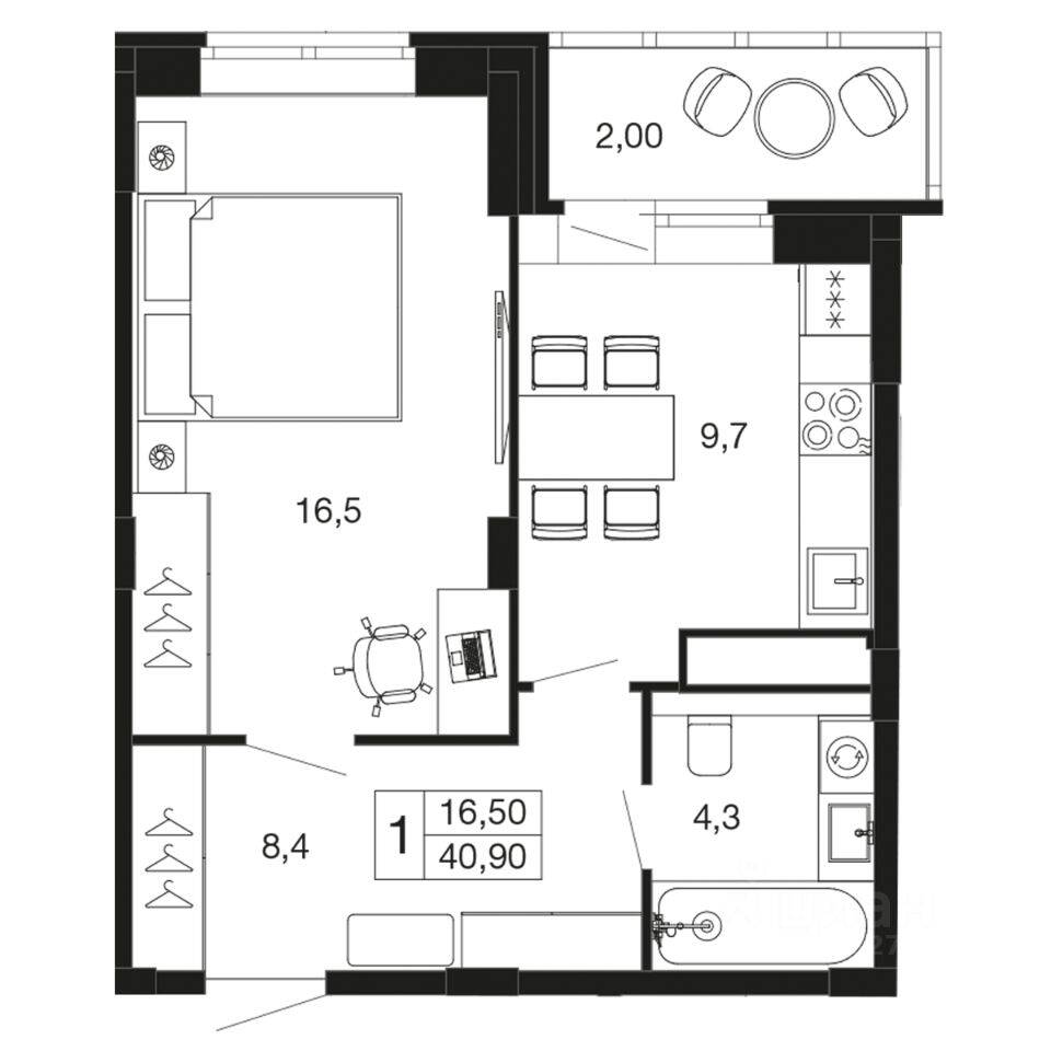 1-комн. квартира, 40,9 м², в ЖК «Времена года»