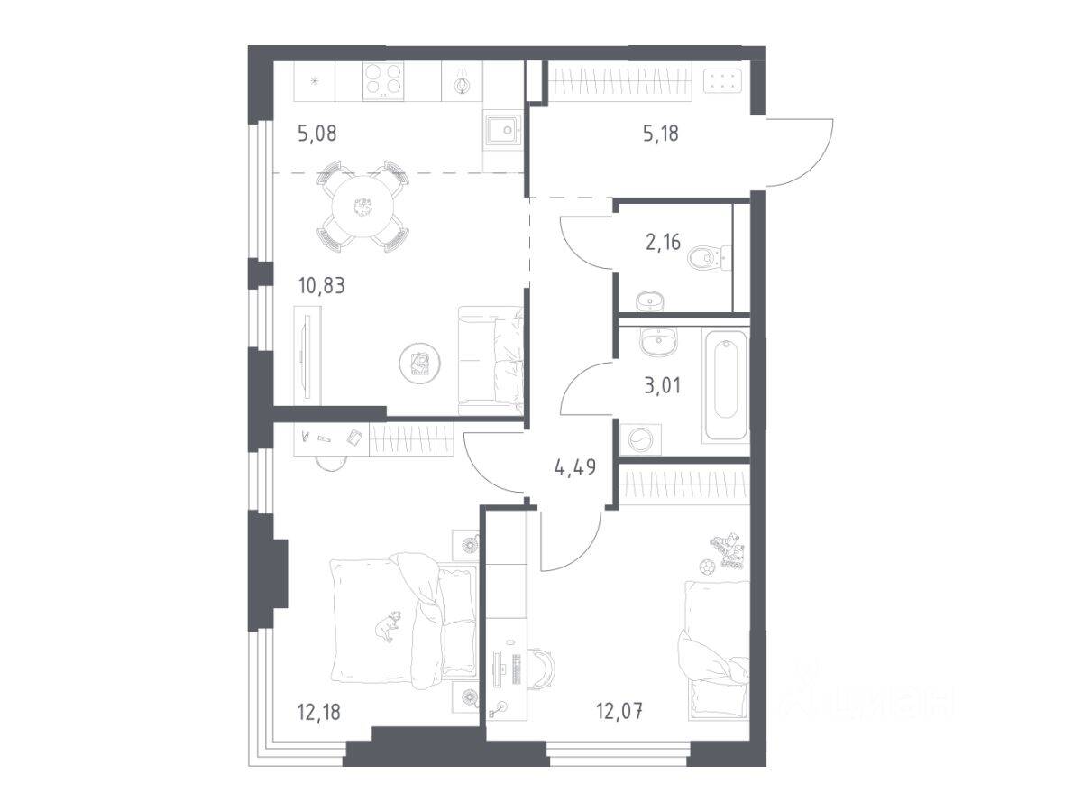 2-комн. квартира, 55 м², в ЖК «Пригород Лесное»