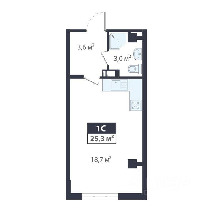 Планировка 1 комнатной квартиры, 25.3 м², в «Ромашки»