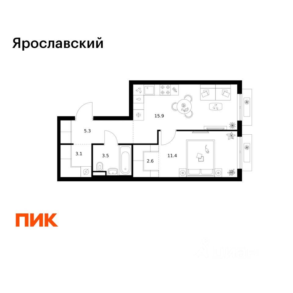 1-комн. квартира, 41,8 м², в ЖК «Ярославский»