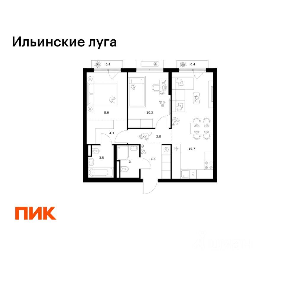 2-комн. квартира, 57,6 м², в ЖК «Ильинские луга»