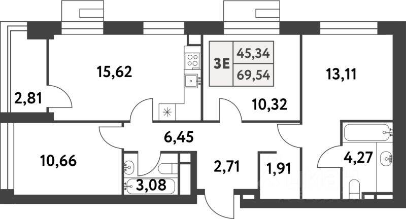 Планировка 3 комнатной квартиры, 69.5 м², в «Smart Garden»