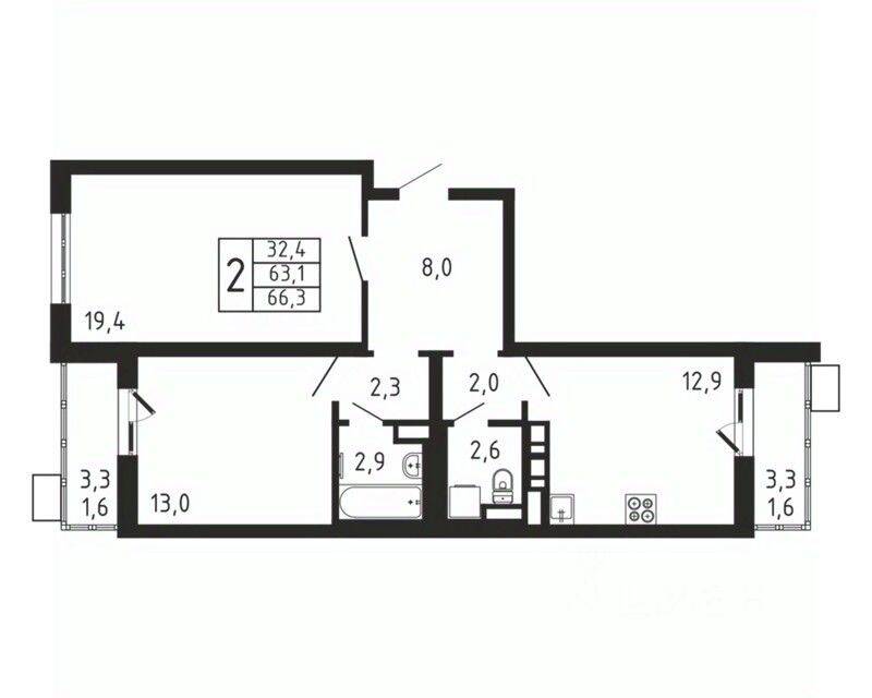 2-комн. квартира, 66,3 м², в ЖК «Пироговская Ривьера»