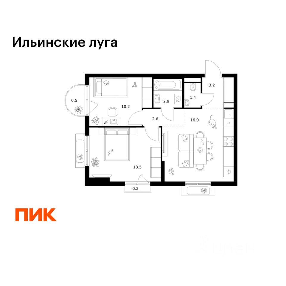 2-комн. квартира, 51,4 м², в ЖК «Ильинские луга»