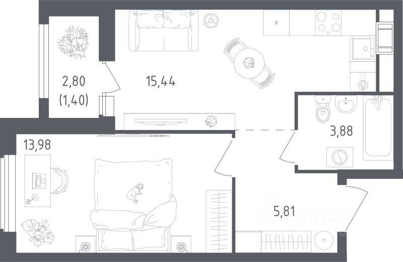 1-комн. квартира, 40,51 м², в ЖК Южная Нева