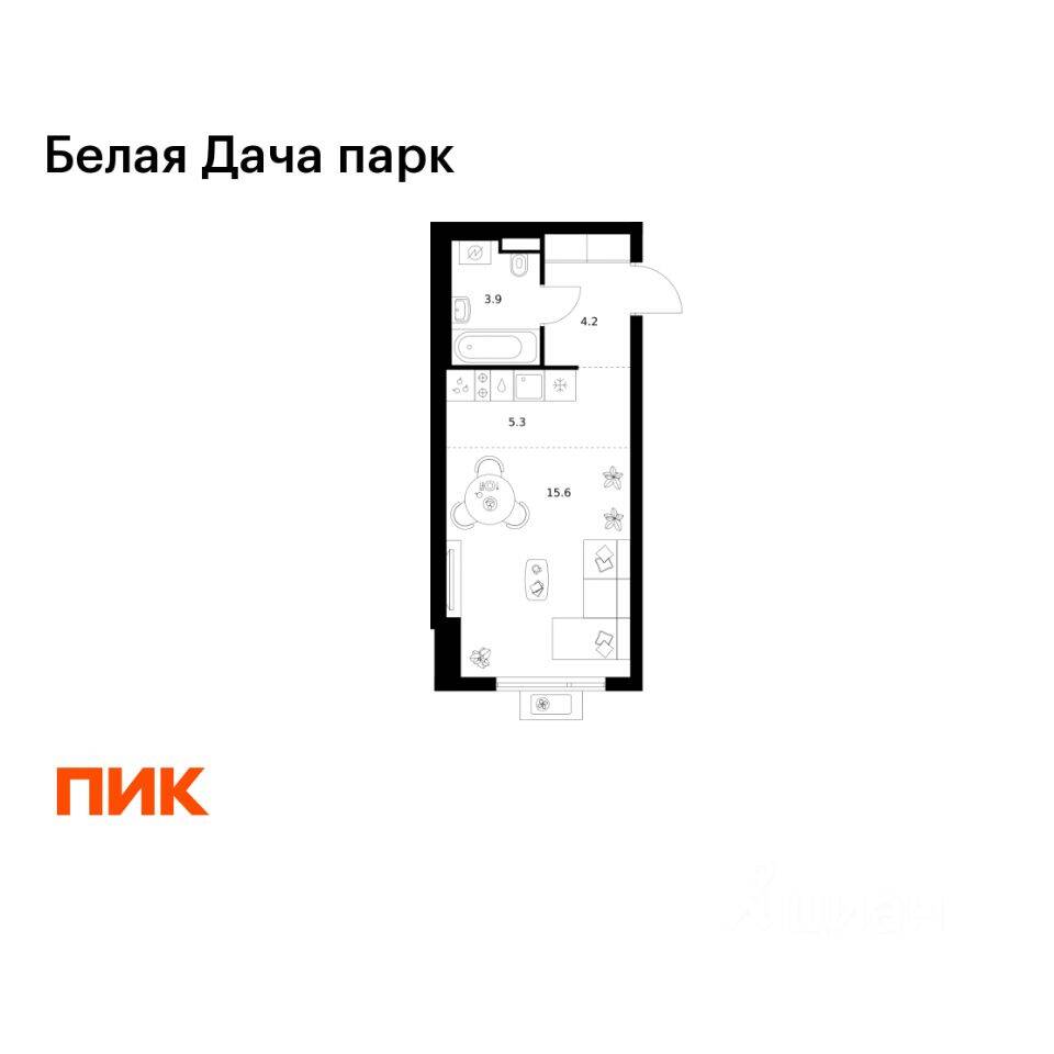 Планировка 1 комнатной квартиры, 29 м², в «Белая Дача парк»