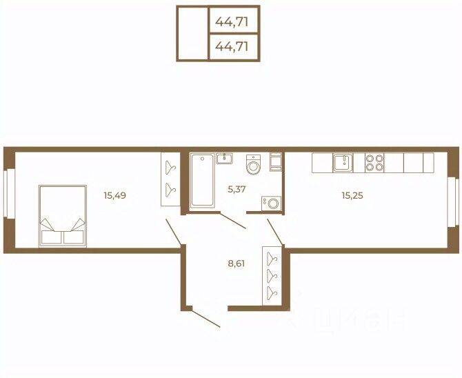 1-комн. квартира, 44,71 м², в Малоэтажный ЖК Новая история