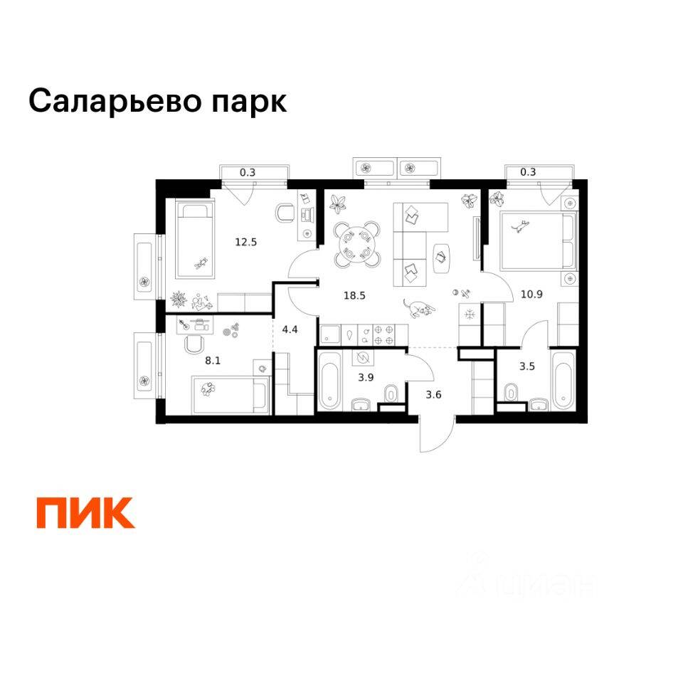 3-комн. квартира, 66 м², в ЖК «Саларьево парк»