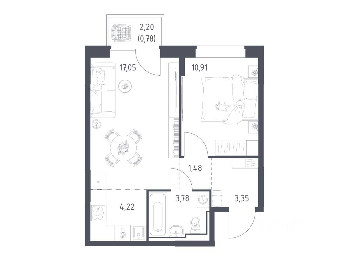 1-комн. квартира, 41,57 м², в ЖК Богдановский Лес