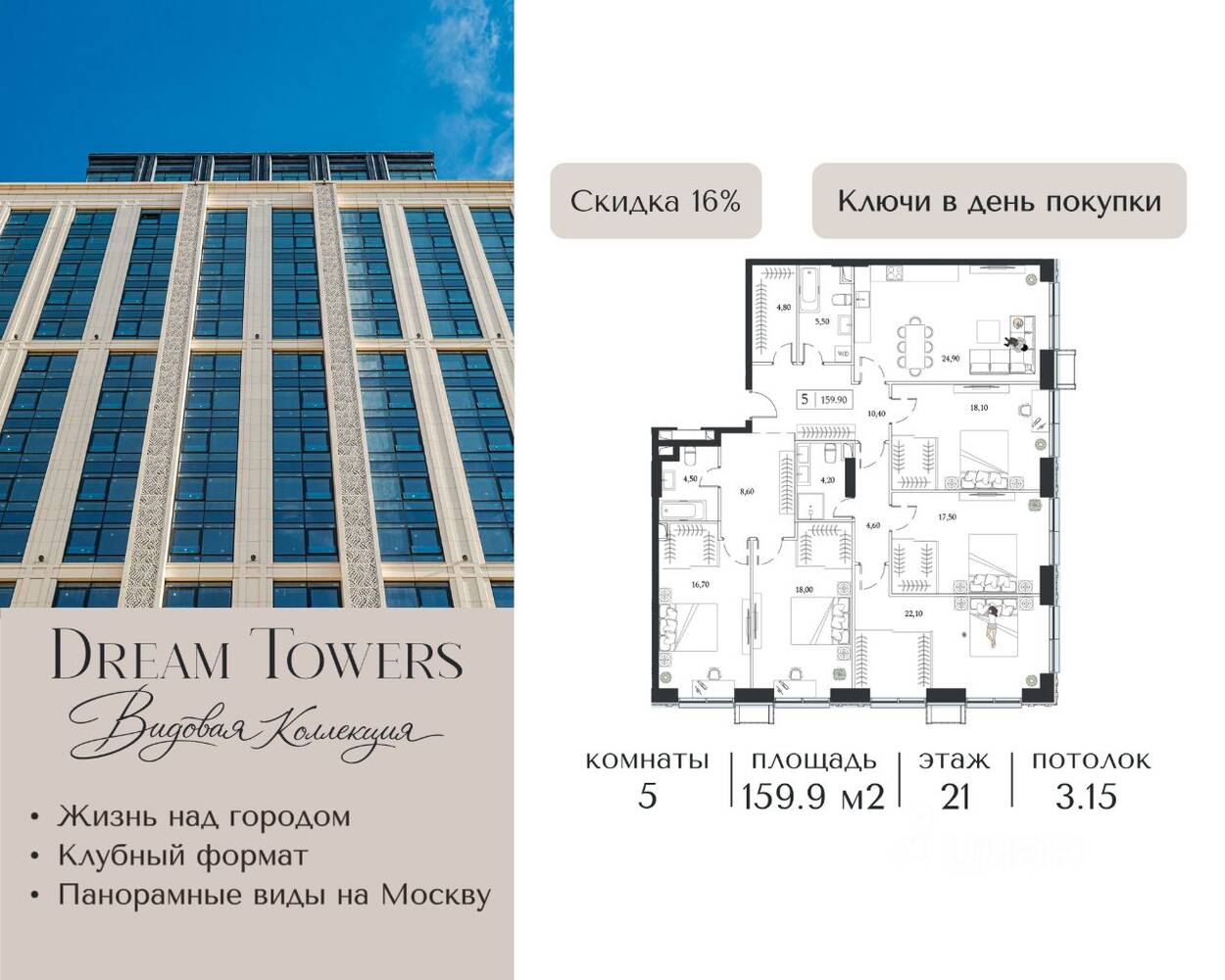 5-комн. квартира, 159,9 м², в ЖК Dream Towers