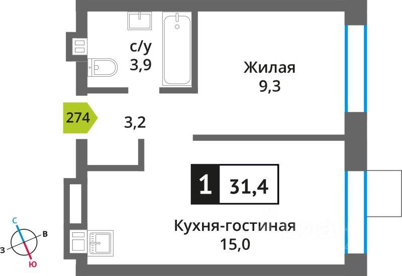 Квартира-студия, 31,4 м², в ЖК Никольский квартал Отрада