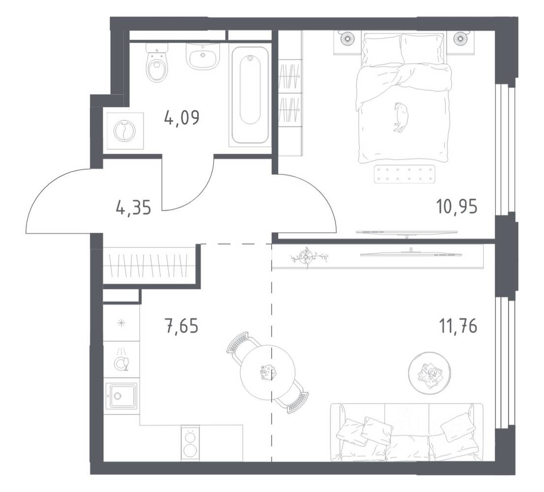 1-комн. квартира, 38,8 м², в ЖК Космический Квартал