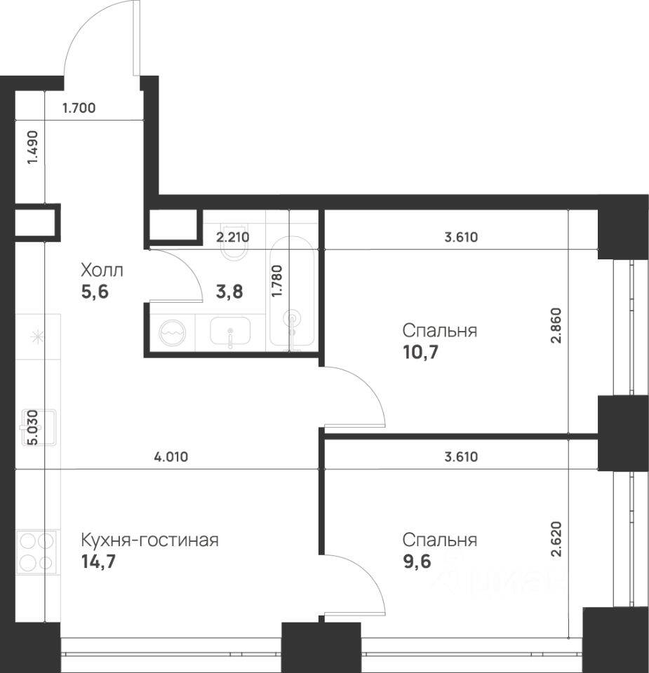2-комн. квартира, 44,4 м², в ЖК Voice Towers