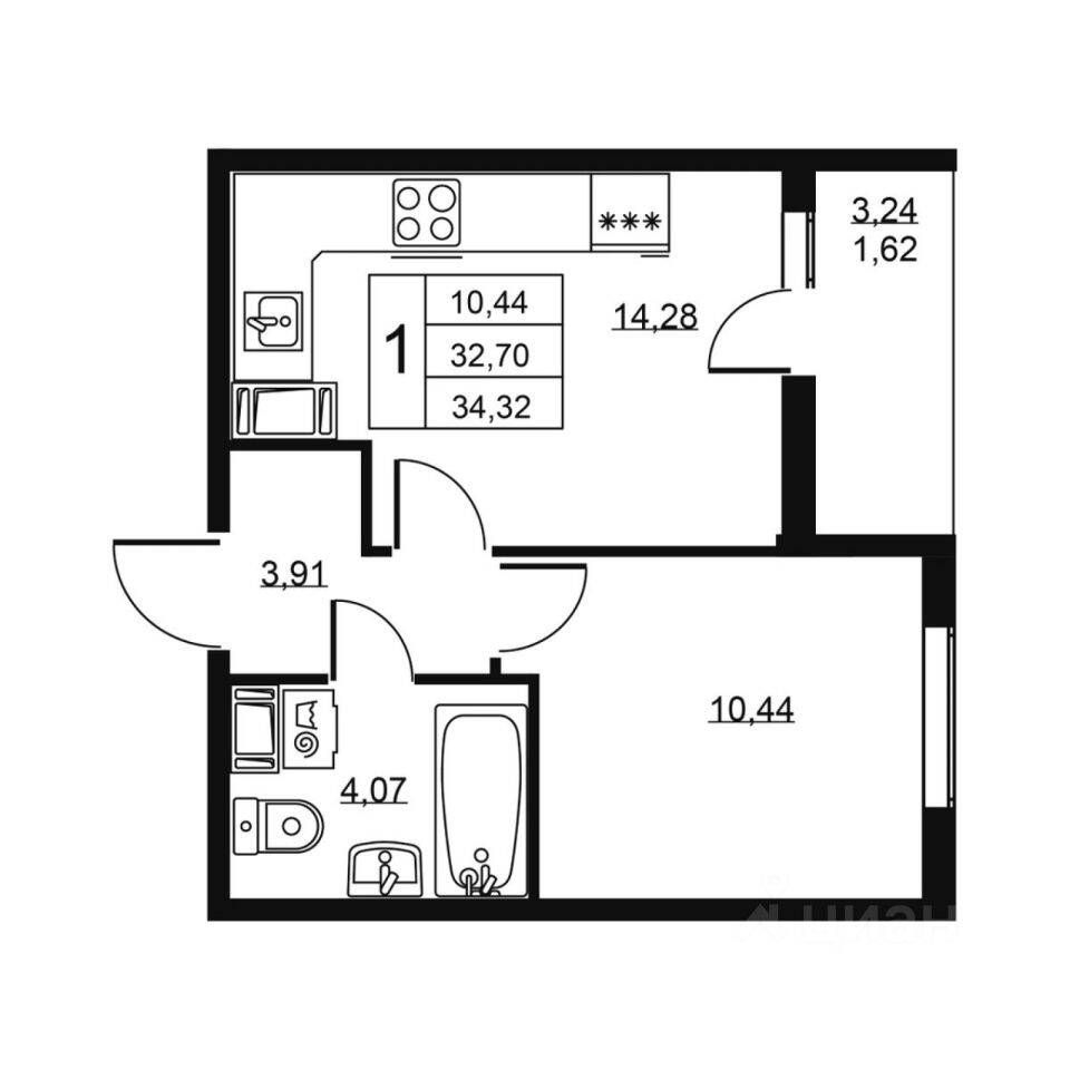 Планировка 1 комнатной квартиры, 34.32 м², в «Высота (Бугры)»