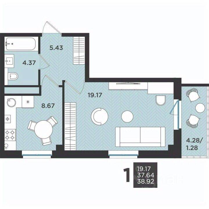 Планировка 1 комнатной квартиры, 38.92 м², в «Новокасимово»