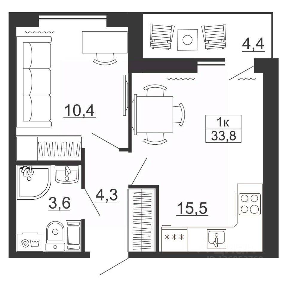 1-комн. квартира, 33,8 м², в ЖК Рубеж