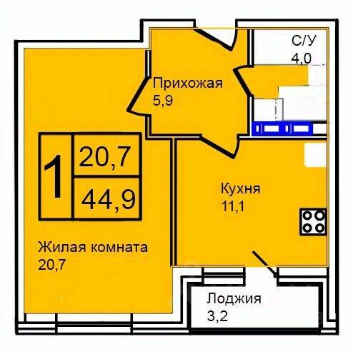 Планировка 1 комнатной квартиры, 44.9 м², в «Троицкий»