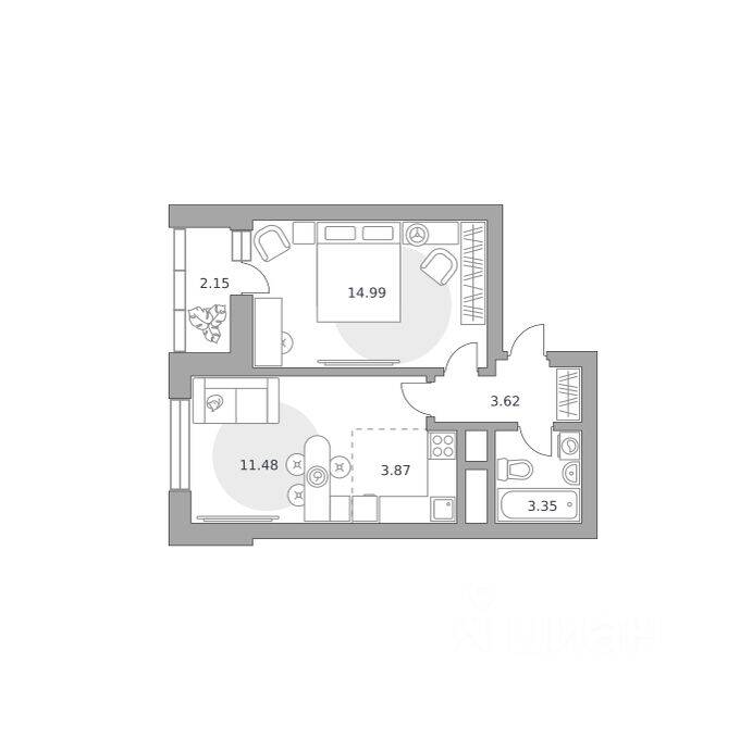 2-комн. квартира, 39,46 м², в ЖК Ильинойс