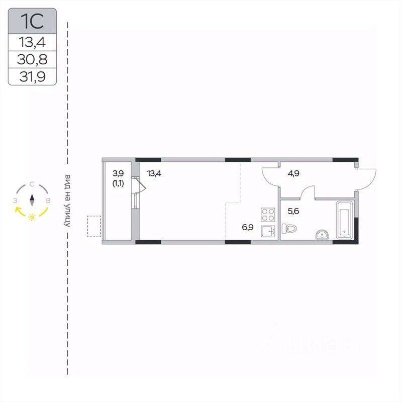 Квартира-студия, 31,9 м², в ЖК «Пироговская Ривьера»