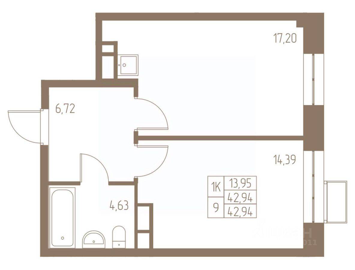 1-комн. квартира, 42,94 м², в ЖК Фабрикант