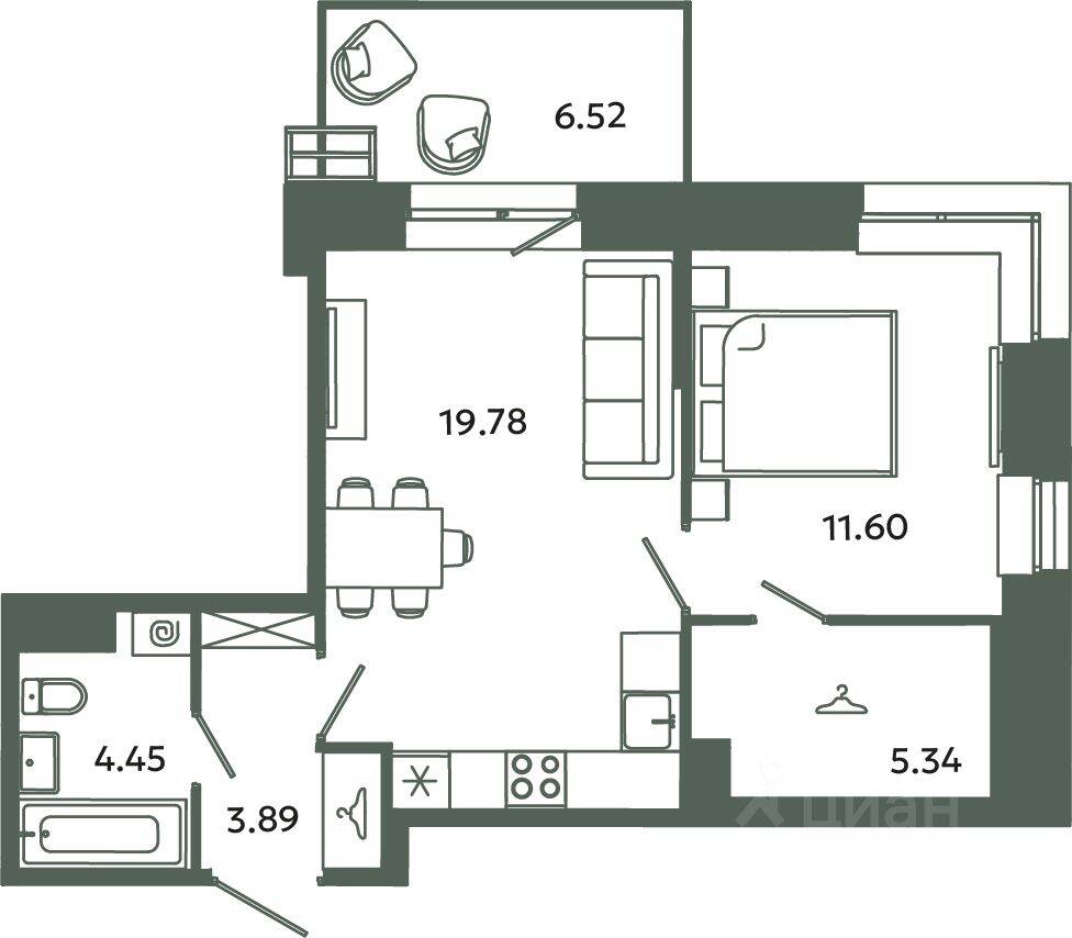 1-комн. квартира, 45,06 м², в ЖК Загляденье