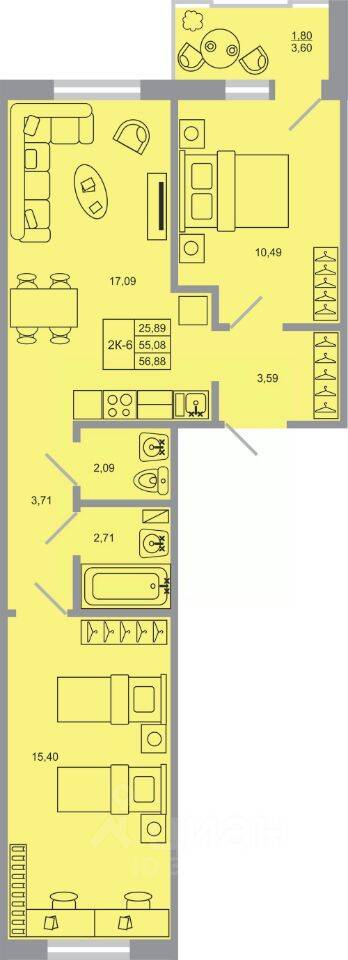 2-комн. квартира, 56,88 м², в ЖК Стороны света-2