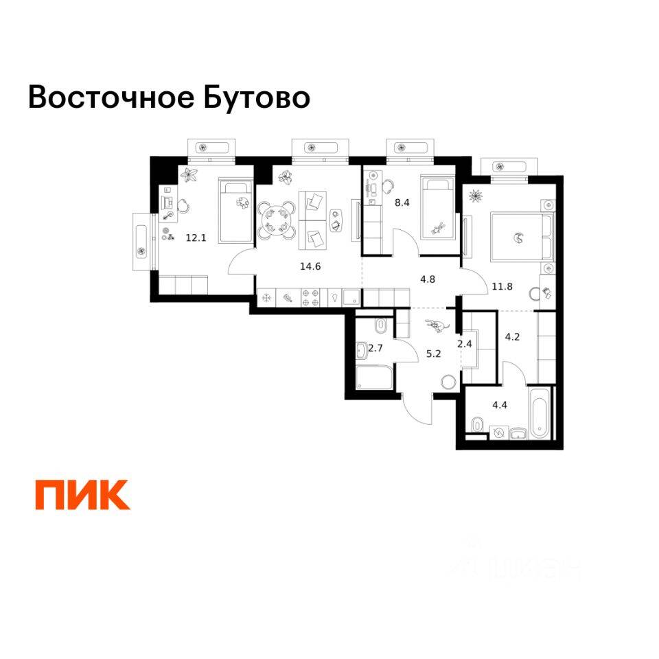 3-комн. квартира, 70,6 м², в ЖК «Восточное Бутово»