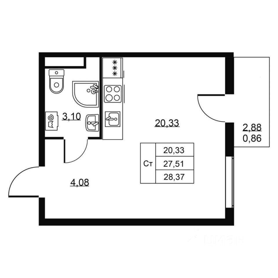 Квартира-студия, 28,37 м², в ЖК Перспектива