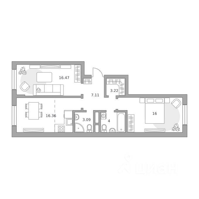 2-комн. квартира, 66,25 м², в Малоэтажный ЖК Живописный