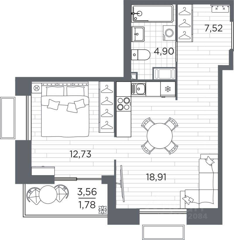 1-комн. квартира, 45,84 м², в ЖК Respect
