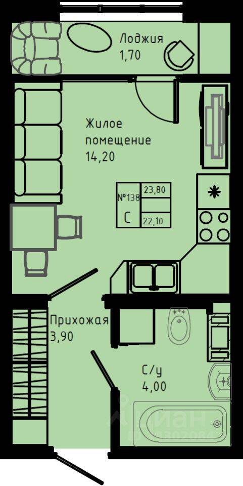 Квартира-студия, 23,8 м², в ЖК Pixel