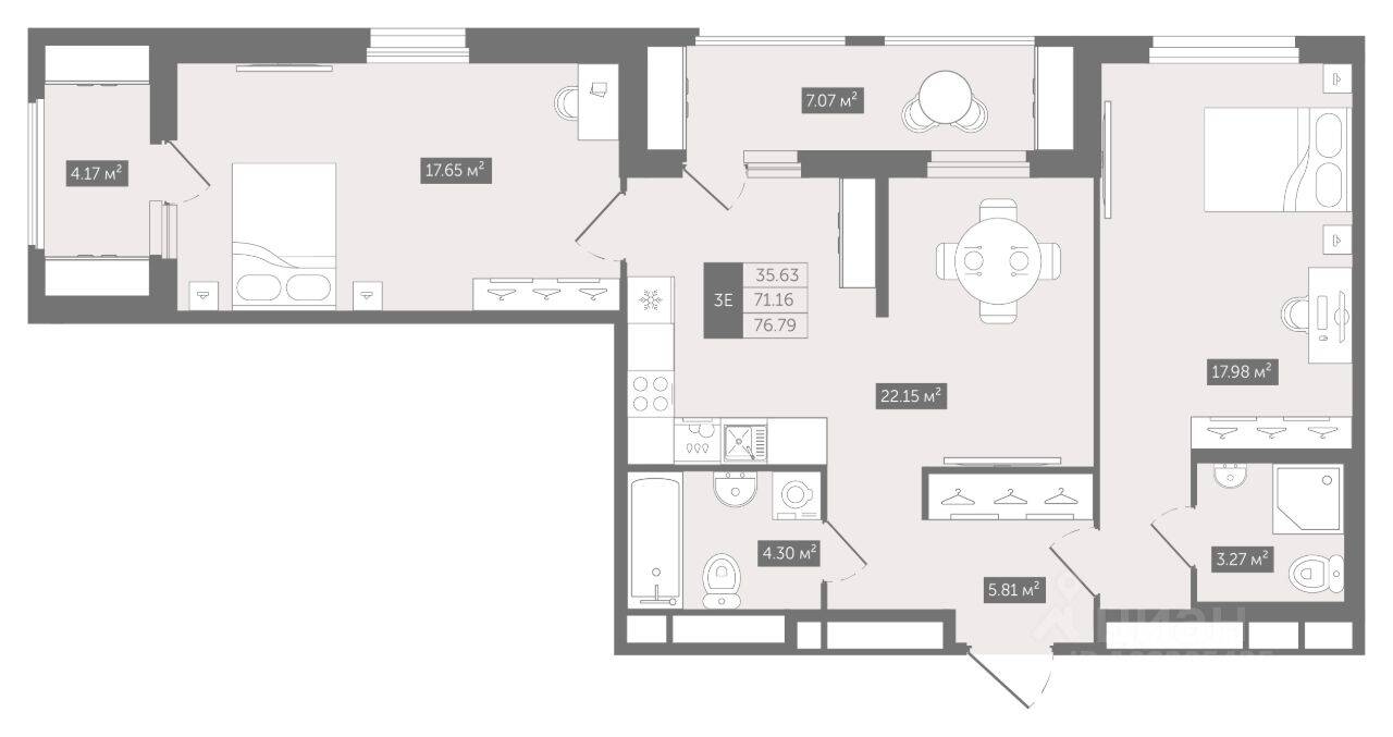 2-комн. квартира, 76,79 м², в ЖК UP-квартал «Воронцовский»