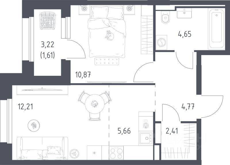1-комн. квартира, 42,18 м², в ЖК Заречье Парк