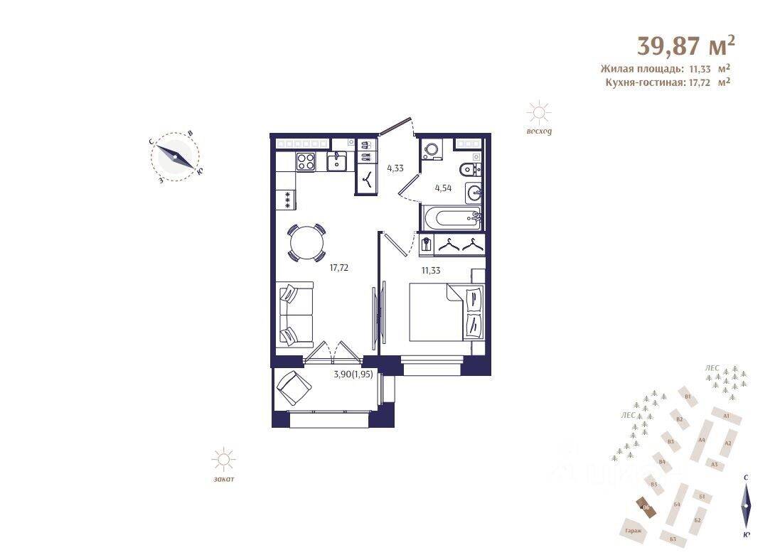 1-комн. квартира, 39,87 м², в ЖК Ranta Residence