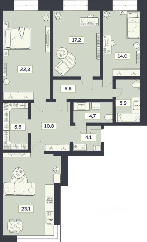 3-комн. квартира, 115,5 м², в ЖК «Лайм»