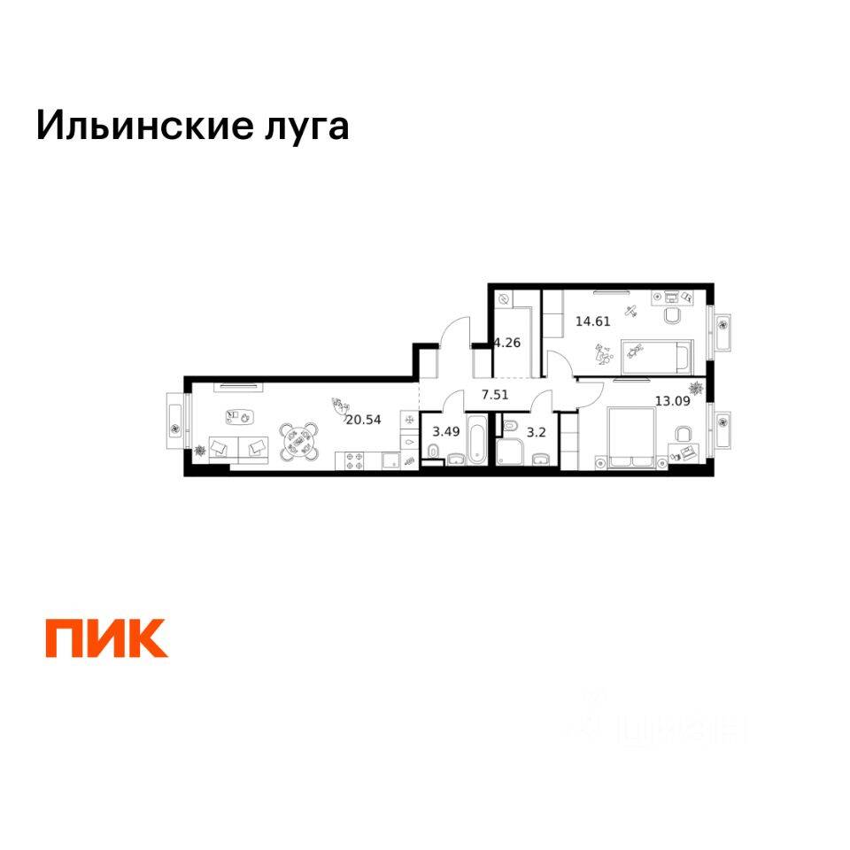 2-комн. квартира, 66,7 м², в ЖК «Ильинские луга»