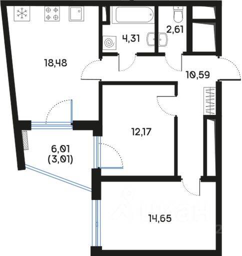 2-комн. квартира, 66,16 м², в ЖК Регенбоген