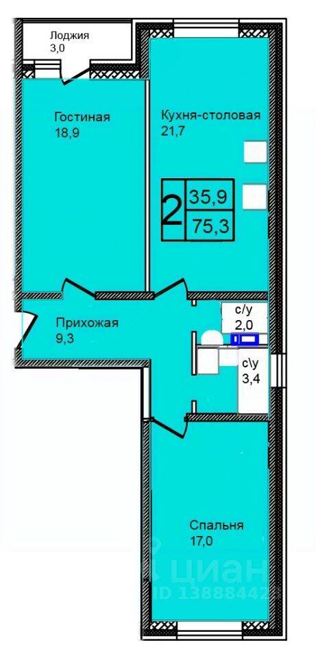Планировка 3 комнатной квартиры, 75.3 м², в «Троицкий»