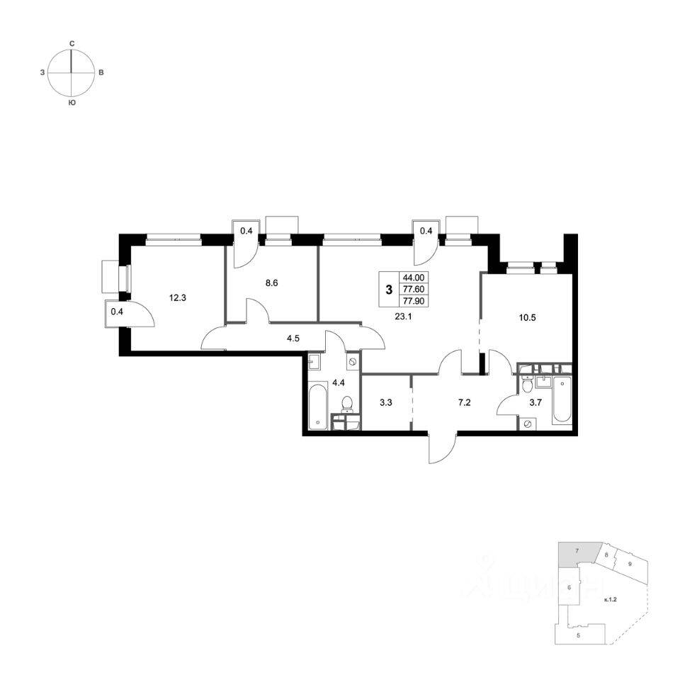 Планировка 3 комнатной квартиры, 77.9 м², в «Легенда Марусино»