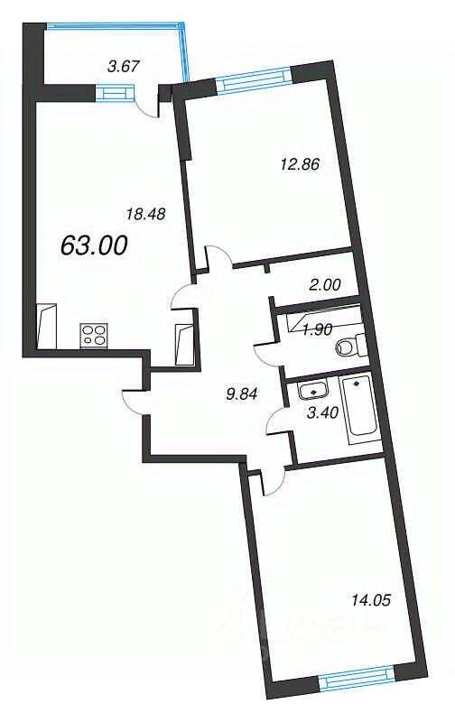 3-комн. квартира, 63 м², в ЖК Левитан