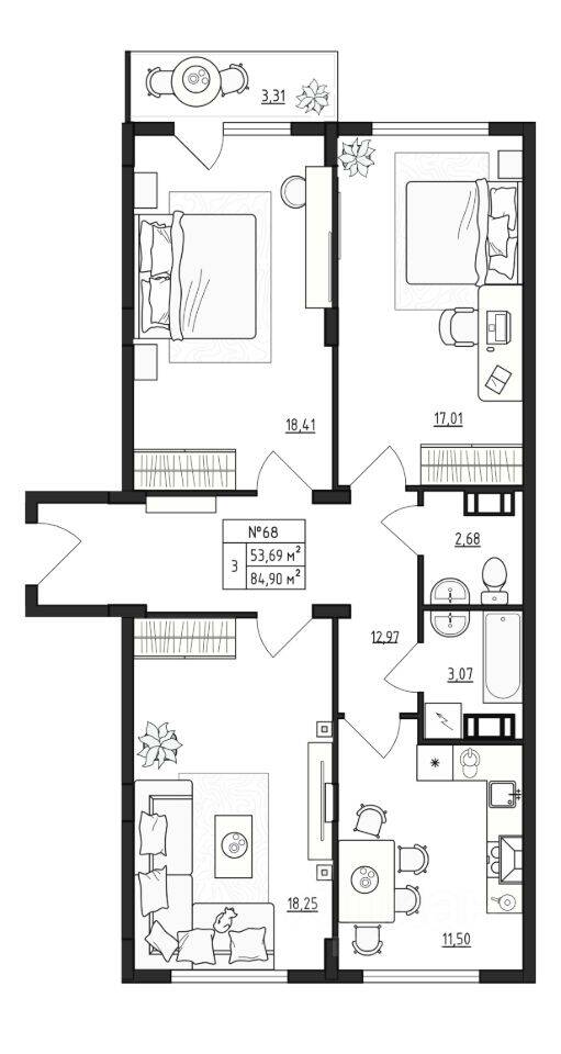 3-комн. квартира, 84,9 м², в Малоэтажный ЖК Верево-Сити