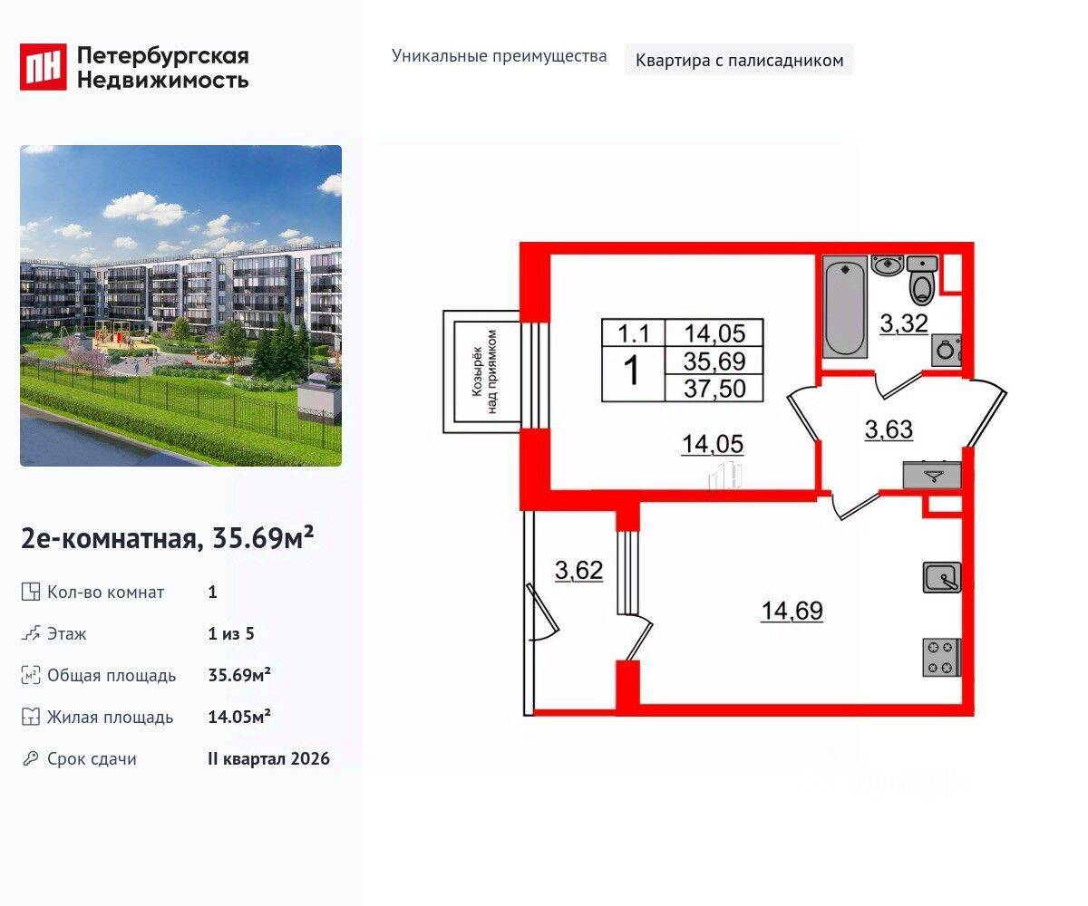 1-комн. квартира, 35,69 м², в ЖК Парадный ансамбль