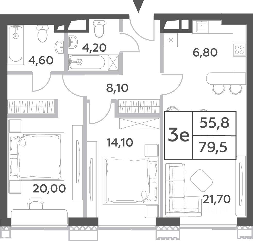 Планировка 3 комнатной квартиры, 79.5 м², в «Will Towers»